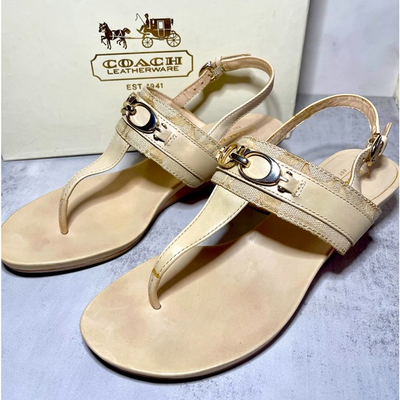 COACH DESPINA  SIGNATURE LIGHT KHAKI LEATHER WEDGE SANDAL WM 7/M NIB - Picture 1 of 5